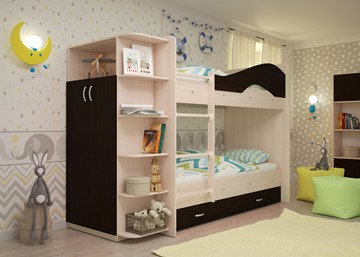 Двухэтажная кровать Мая на щитах со шкафом и ящиками, корпус Млечный дуб, фасад Венге в Костроме