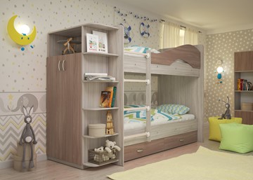 Детская 2-х ярусная кровать ТМК Мая на щитах со шкафом и ящиками, корпус Шимо светлый, фасад Шимо темный в Костроме