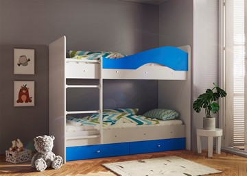Детская 2-этажная кровать Мая с 2 ящиками на щитах, корпус Млечный дуб, фасад Синий в Костроме