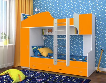 Детская кровать-шкаф Юниор-2, каркас Белое дерево, фасад Оранжевый в Костроме