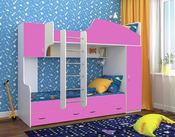 Детская кровать-шкаф Юниор-2, каркас Белое дерево, фасад Розовый в Костроме