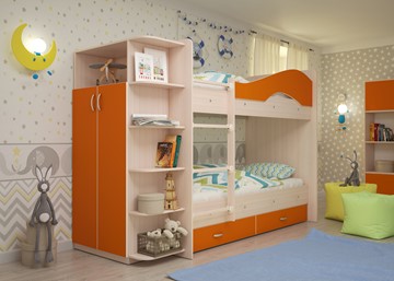 Кровать 2-ярусная Мая на щитах со шкафом и ящиками, корпус Млечный дуб, фасад Оранжевый в Костроме