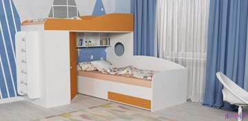 Детская кровать-чердак Кадет-2 с металлической лестницей, корпус Белое дерево, фасад Оранжевый в Костроме
