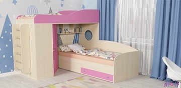 Детская кровать-шкаф Кадет-2 с металлической лестницей, корпус Дуб, фасад Розовый в Костроме