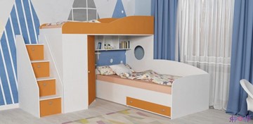 Детская кровать-шкаф Кадет-2 с универсальной лестницей, корпус Белое дерево, фасад Оранжевый в Костроме