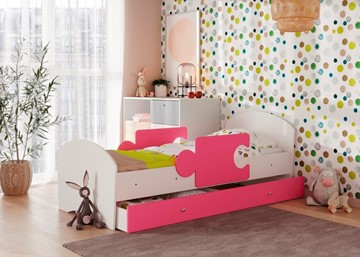 Детская кровать с ящиком и бортиками Мозайка, корпус Белый/фасад Розовый (ламели) в Костроме