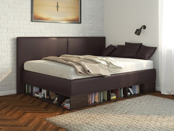 Полуторная детская кровать Lancaster 1, 120х200, ЛДСП венге, экокожа коричневая в Костроме