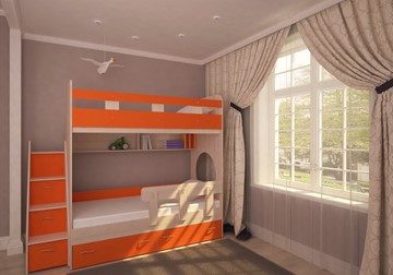 Двухъярусная кровать Ярофф Юниор-1 с бортом, каркас Дуб, фасад Оранжевый в Костроме