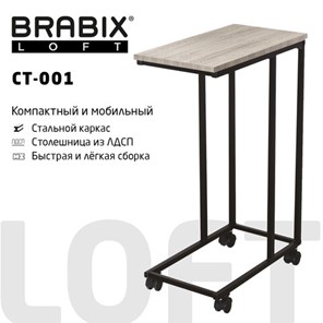 Журнальный стол BRABIX "LOFT CT-001", 450х250х680 мм, на колёсах, металлический каркас, цвет дуб антик, 641860 в Костроме