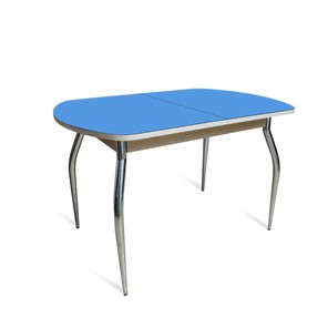 Кухонный стол ПГ-05 СТ2, дуб молочный/синие стекло/35 хром гнутые металл в Костроме