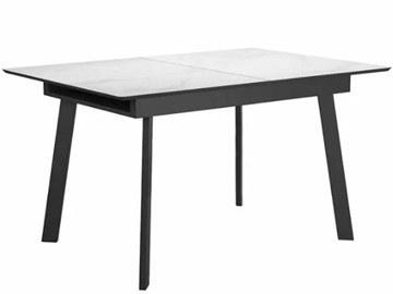 Стеклянный кухонный стол раздвижной DikLine SFH125 стекло Оптивайт Белый мрамор/подстолье черное в Костроме
