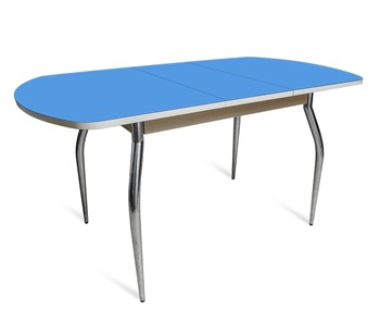 Мини-стол на кухню ПГ-01 СТ2, дуб молочный/синие стекло/35 хром гнутые металл в Костроме