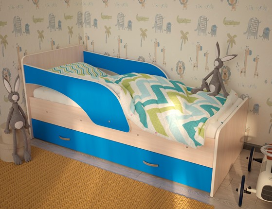 Кровать с бортиками Максимка, корпус Млечный дуб, фасад Синий в Костроме - изображение