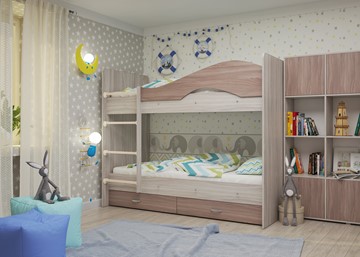 Детская двухъярусная кровать Мая с 2 ящиками на щитах, корпус Шимо светлый, фасад Шимо темный в Костроме - предосмотр