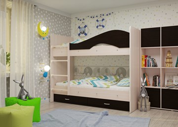 Детская  двухъярусная кровать Мая с 2 ящиками на щитах, корпус Млечный дуб, фасад Венге в Костроме - предосмотр 1