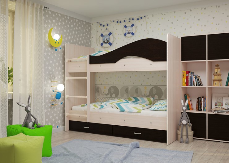 Детская  двухъярусная кровать Мая с 2 ящиками на щитах, корпус Млечный дуб, фасад Венге в Костроме - изображение 1