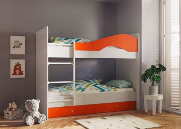 Двухэтажная детская кровать Мая с 2 ящиками на щитах, корпус Млечный дуб, фасад Оранжевый в Костроме - предосмотр
