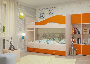 Двухэтажная детская кровать Мая с 2 ящиками на щитах, корпус Млечный дуб, фасад Оранжевый в Костроме - предосмотр 3