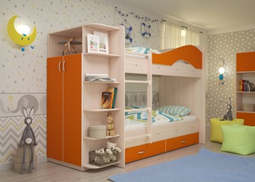 Двухэтажная детская кровать Мая с 2 ящиками на щитах, корпус Млечный дуб, фасад Оранжевый в Костроме - предосмотр 1