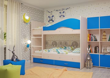 Детская 2-этажная кровать Мая с 2 ящиками на щитах, корпус Млечный дуб, фасад Синий в Костроме - предосмотр 3