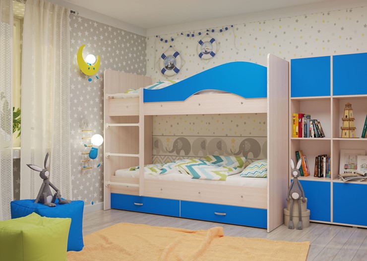 Детская 2-этажная кровать Мая с 2 ящиками на щитах, корпус Млечный дуб, фасад Синий в Костроме - изображение 3