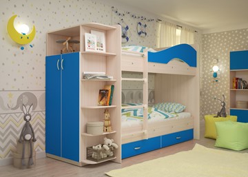 Детская 2-этажная кровать Мая с 2 ящиками на щитах, корпус Млечный дуб, фасад Синий в Костроме - предосмотр 1