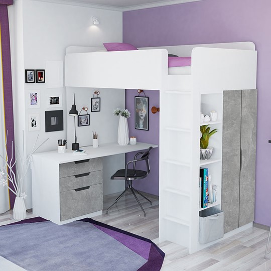 Кровать 2-х ярусная с письменным столом и шкафом POLINI Kids Simple Белый / Бетон в Костроме - изображение 1