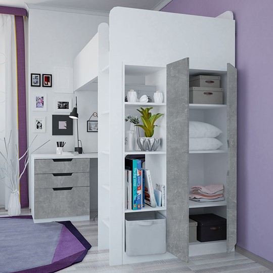 Кровать 2-х ярусная с письменным столом и шкафом POLINI Kids Simple Белый / Бетон в Костроме - изображение 2