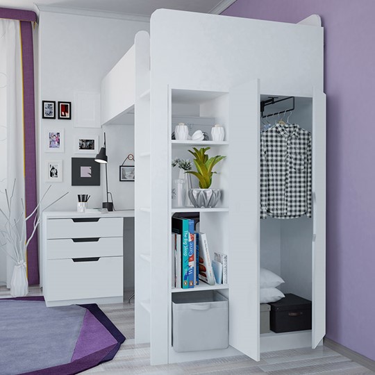 Кровать 2-х ярусная с письменным столом и шкафом POLINI Kids Simple Белый в Костроме - изображение 3