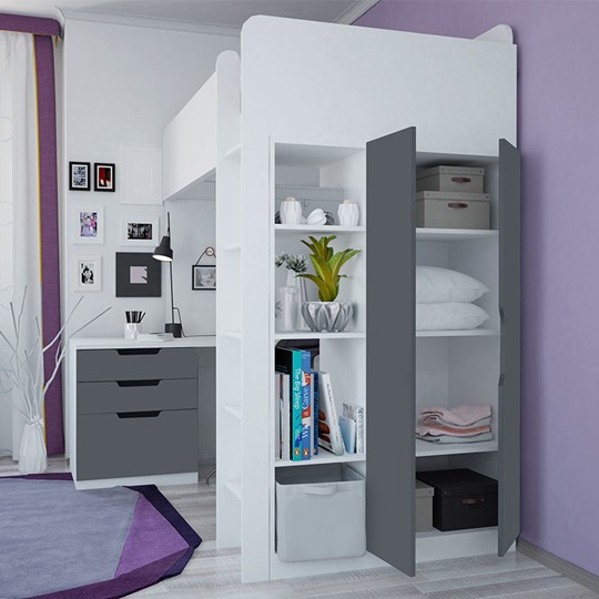 Детская кровать с письменным столом и шкафом POLINI Kids Simple Белый / Серый в Костроме - изображение 1