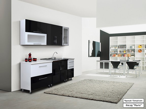 Гарнитур на кухню Мыло 224 2000х718, цвет Черный/Белый металлик в Костроме - изображение