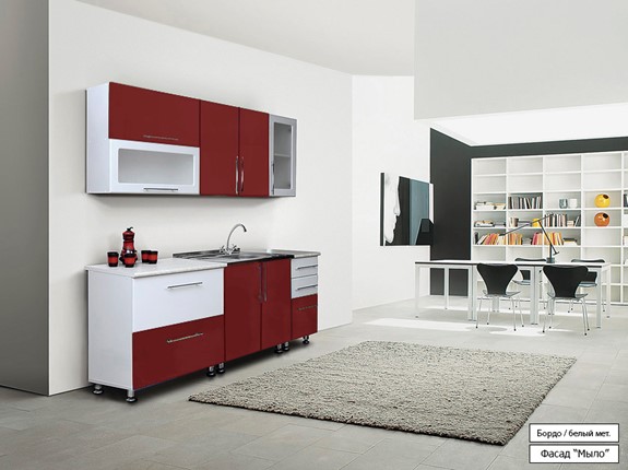 Модульный кухонный гарнитур Мыло 224 2000х718, цвет Бордо/Белый металлик в Костроме - изображение