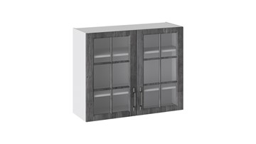 Кухонный навесной шкаф Прованс (Белый глянец/Санторини темный) со стеклом В_72-90_2ДРс в Костроме