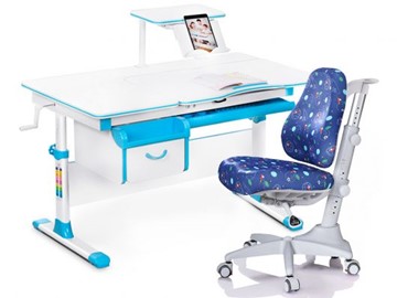 Комплект растущая парта + стул Mealux Mealux EVO Evo-40 BL (арт. Evo-40 BL + Y-528 F) / (стол+полка+кресло) / белая столешница / цвет пластика голубой в Костроме