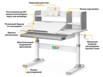 Растущий стол Ergokids TH-330 Grey  TH-330 W/G, столешница белая / накладки на ножках серые в Костроме - предосмотр 2